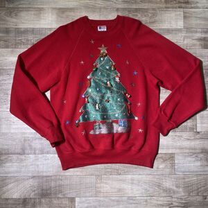 Vtg 90’s Modern Womens L Ugly Christmas Tree Sweater Red Cotton Blend